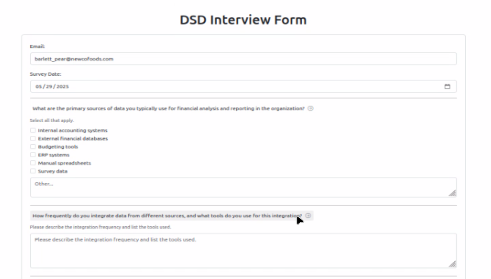 DSD Interview Form showing clickable question headers